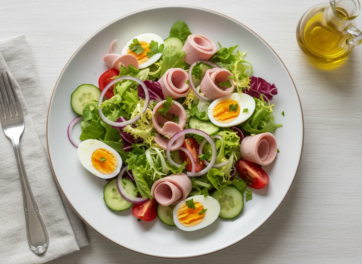 Wurstsalat mit Ei und Gemüse photo