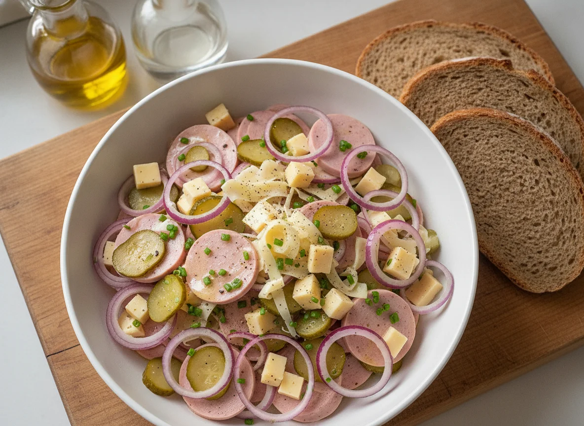 Wurstsalat mit Käse und Brot photo