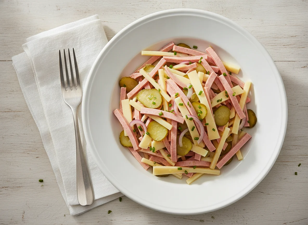 Wurstsalat mit Käse und Gurken photo