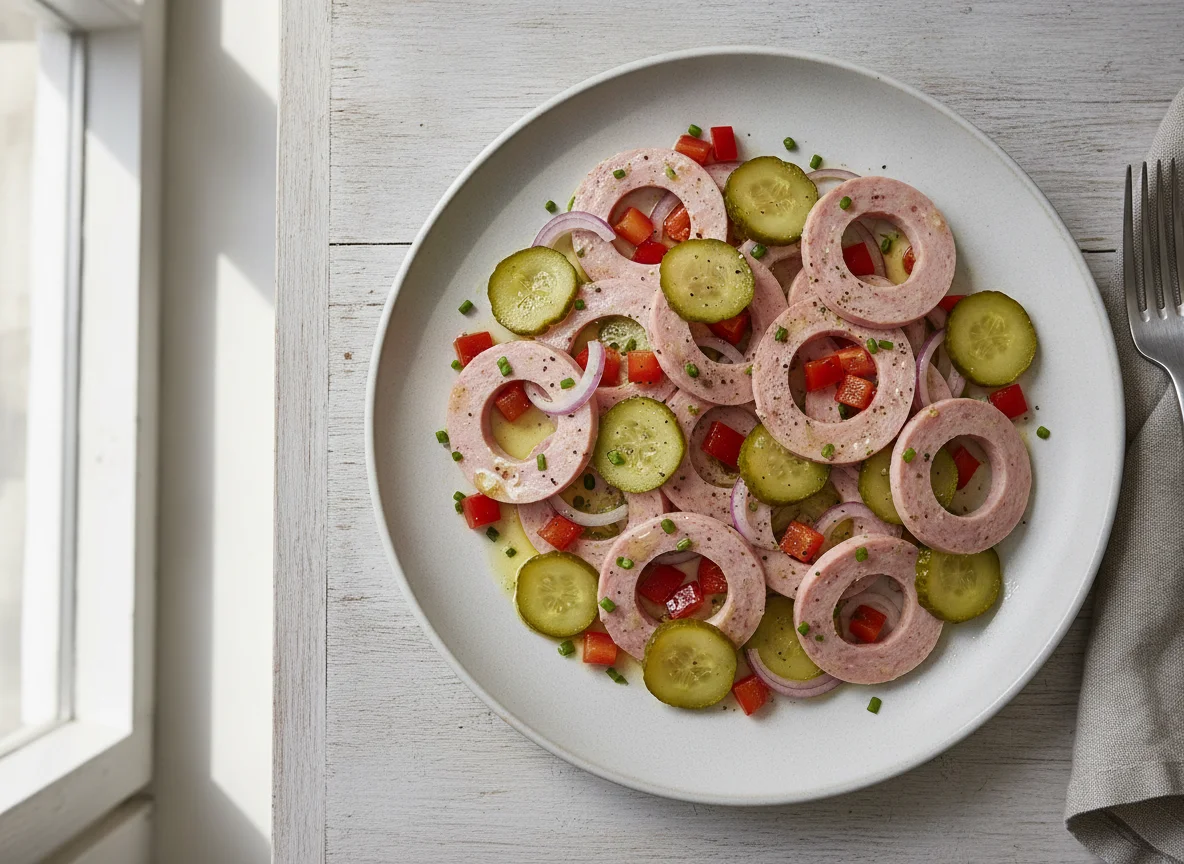 Wurstsalat mit Paprika und Gewürzgurken photo