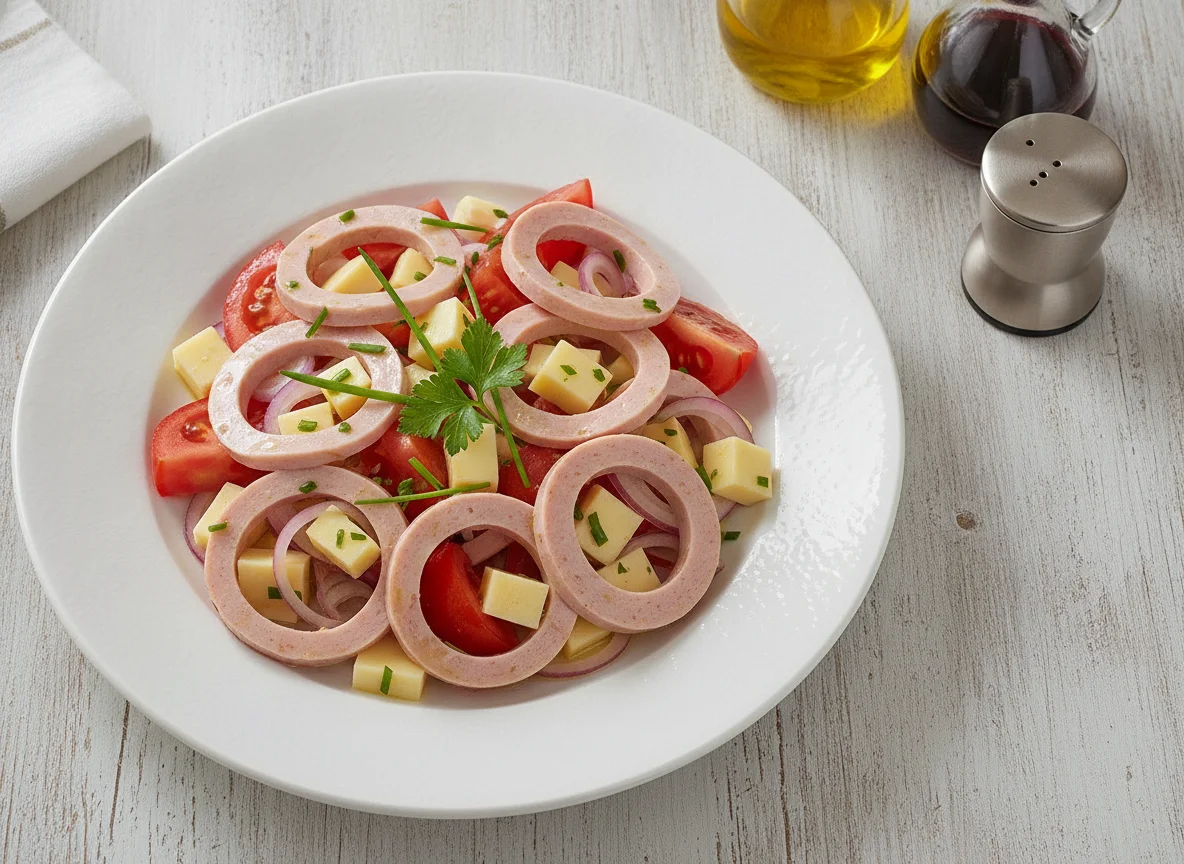Wurstsalat mit Tomaten und Käse photo