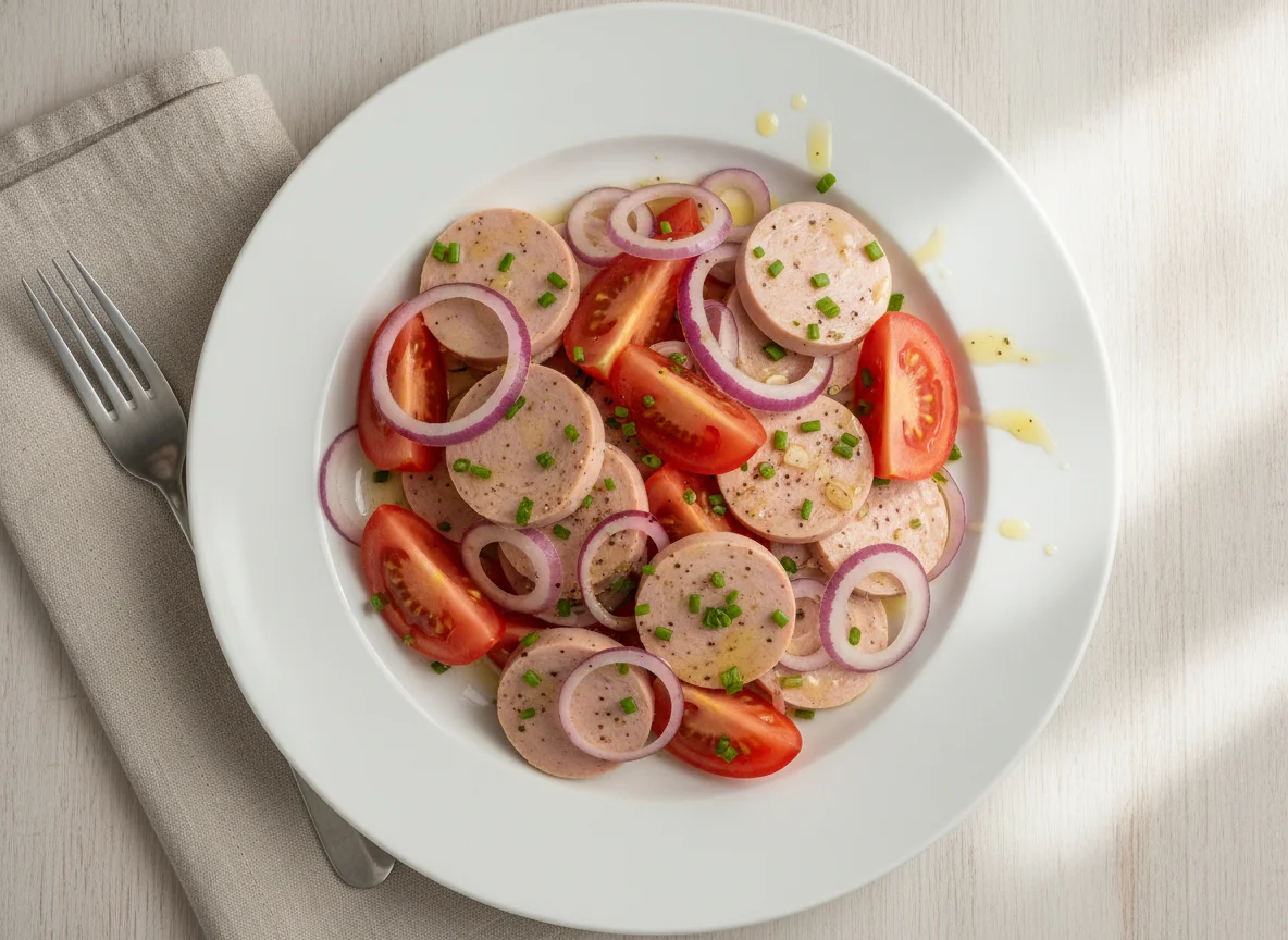 Wurstsalat mit Tomaten und Zwiebeln photo