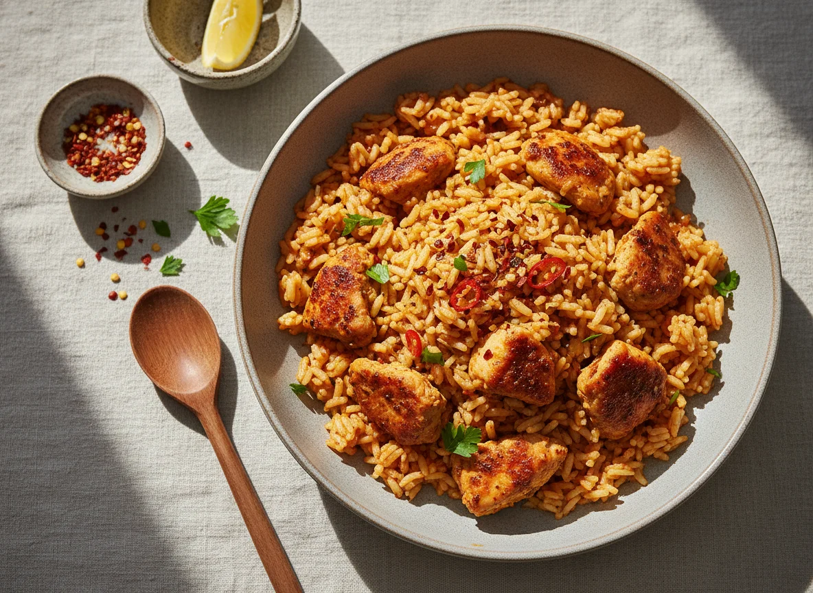 Würziger Reis mit Fleischstücken photo