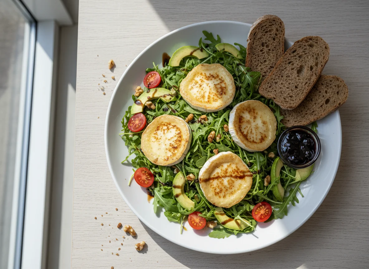 Ziegenkäsesalat mit Avocado und Brot photo