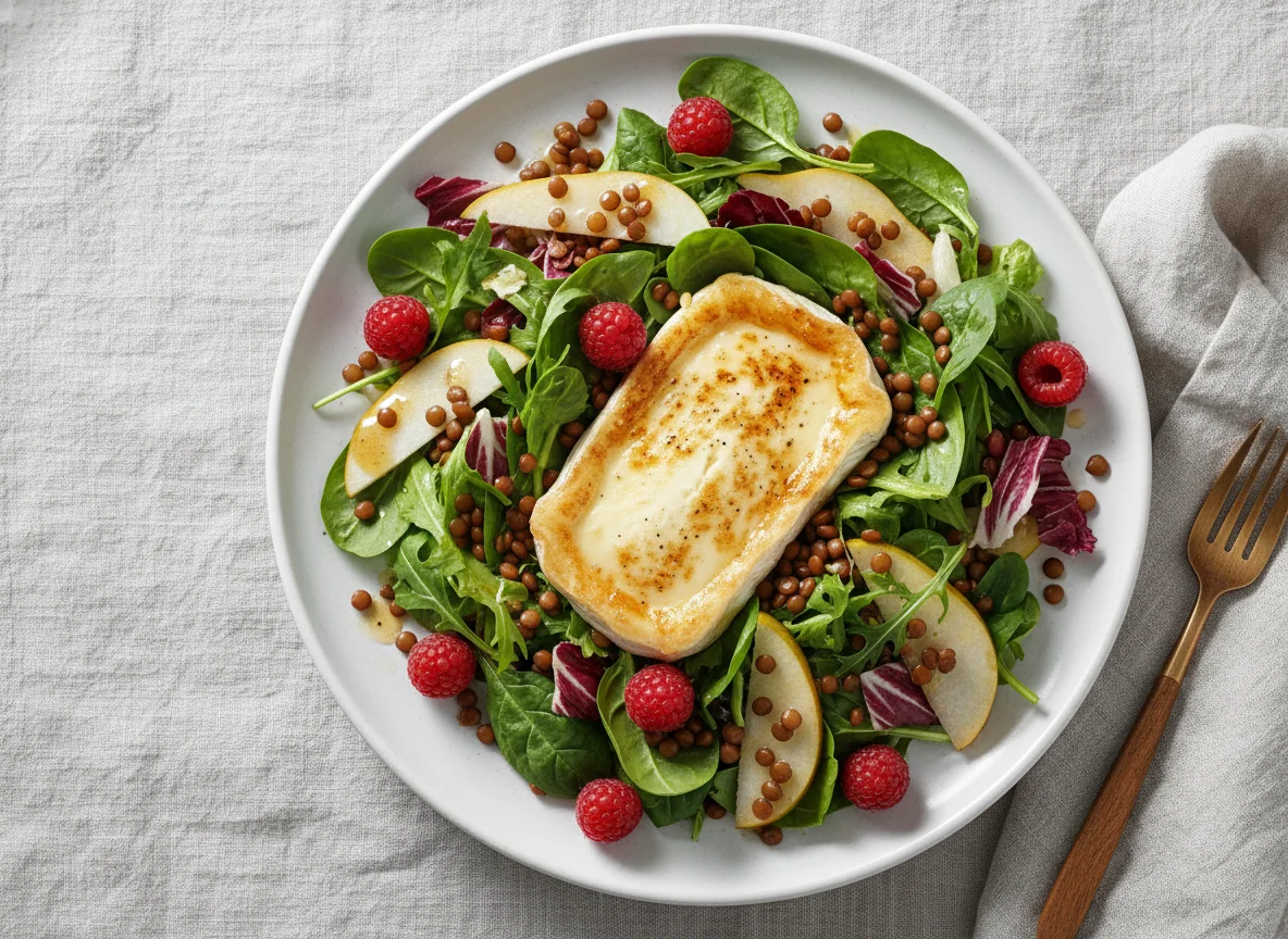 Ziegenkäsesalat mit Linsen und Himbeeren photo
