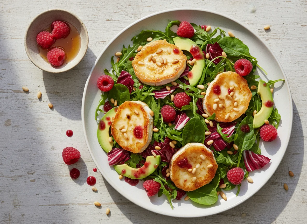 Ziegenkäsesalat mit Pinienkernen und Himbeeren photo