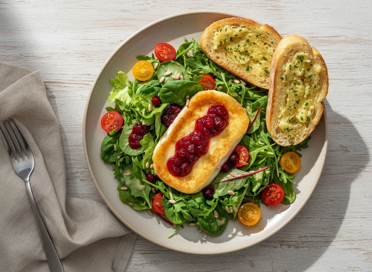 Ziegenkäsesalat mit Preiselbeeren und Knoblauchbrot photo