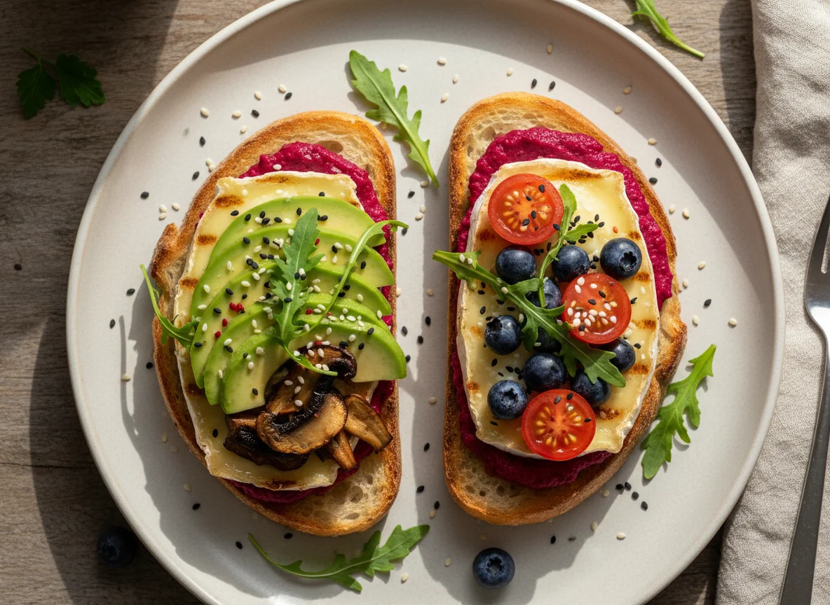 Ziegenkäse-Toast mit Avocado und Rote-Bete-Hummus photo