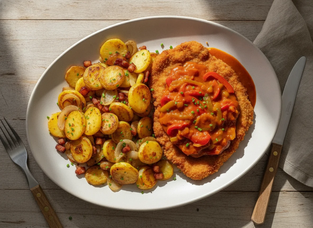 Zigeunerschnitzel mit Bratkartoffeln photo