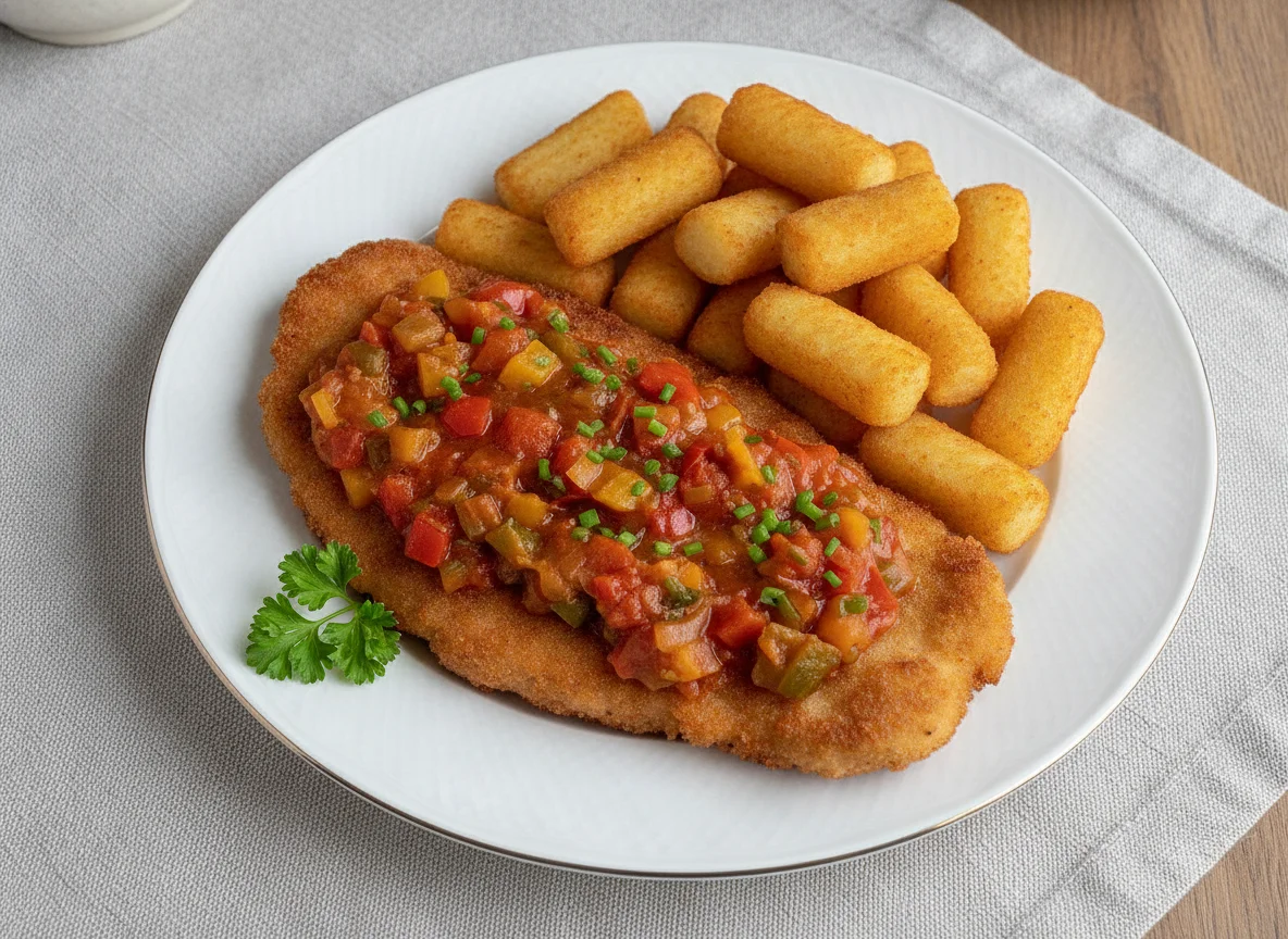 Zigeunerschnitzel mit Kroketten photo