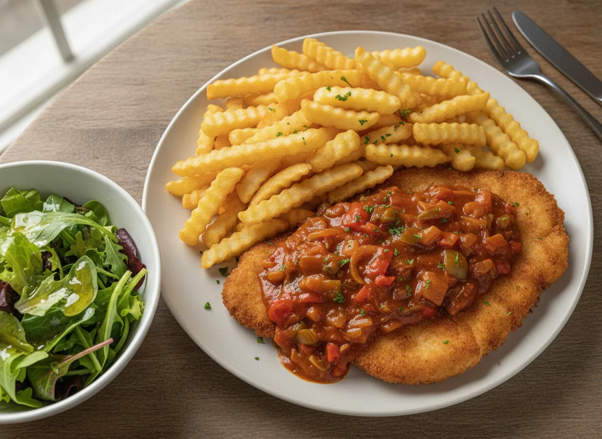 Zigeunerschnitzel mit Pommes und Beilagensalat photo