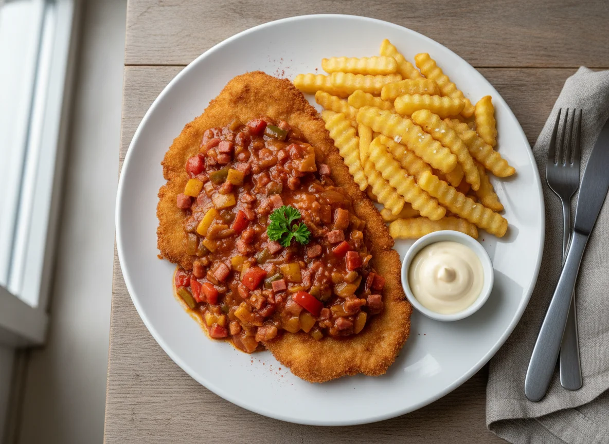 Zigeunerschnitzel mit Pommes und Mayonnaise photo