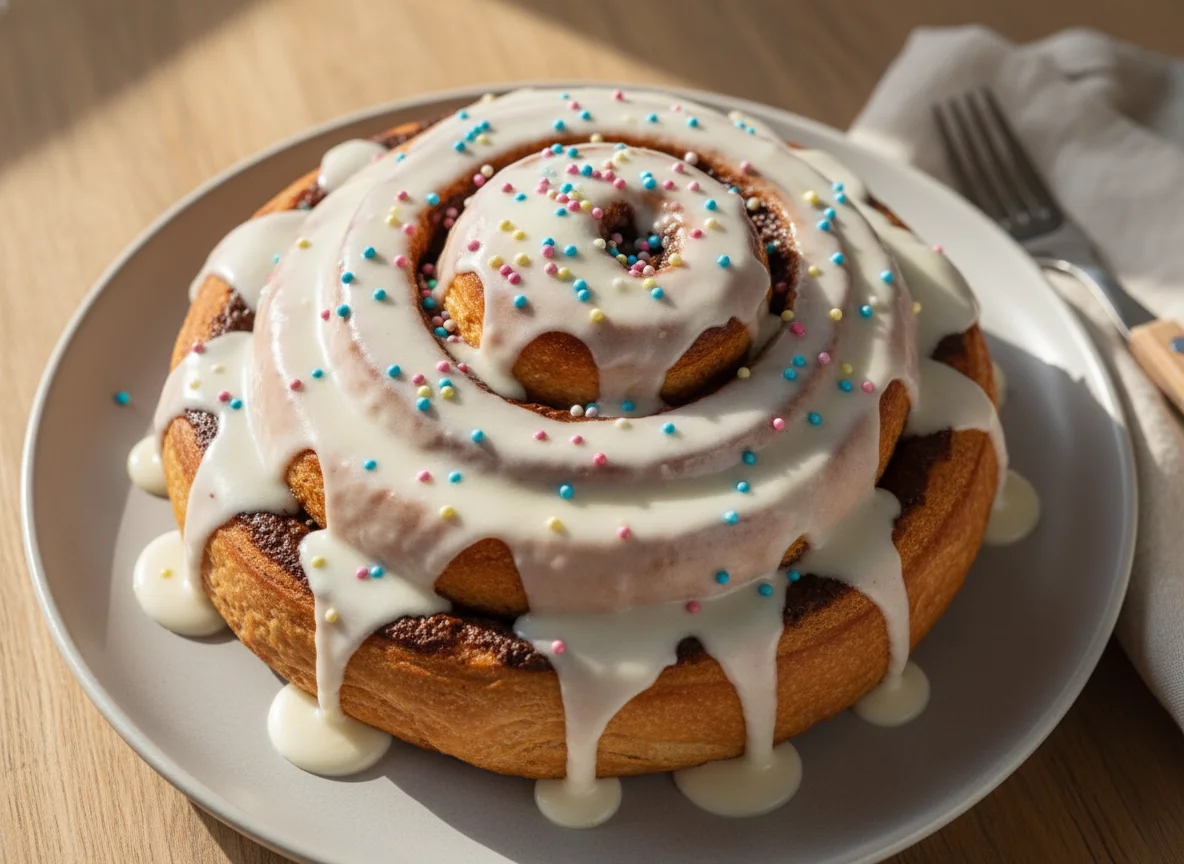 Zimtschnecke mit Zuckerguss und Streuseln photo