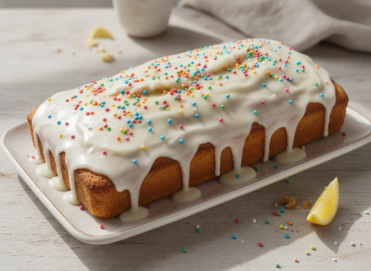 Zitronenkuchen mit Zuckerguss und bunten Streuseln photo