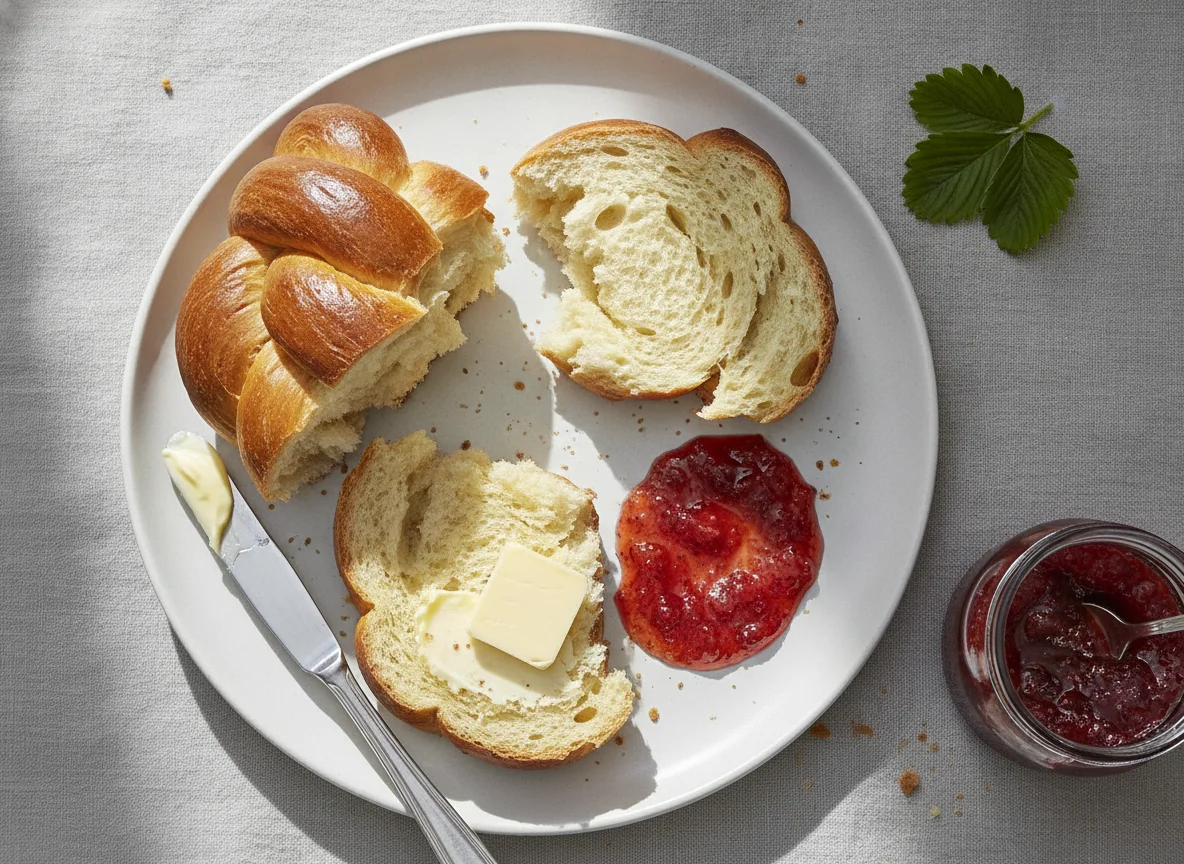 Zopf mit Butter und Konfitüre photo