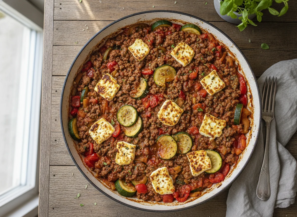 Zucchini-Hackfleisch-Pfanne mit Feta photo