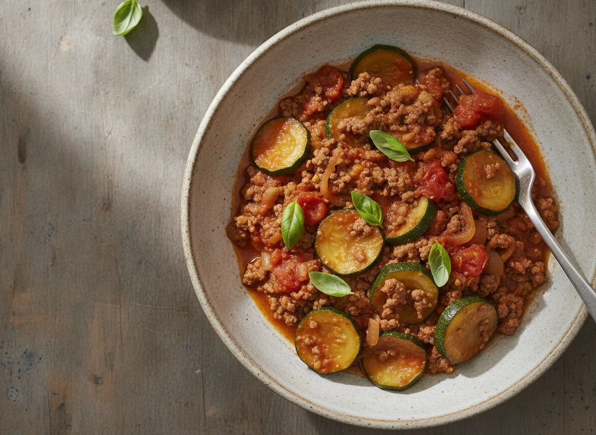 Zucchini-Hackfleisch-Pfanne mit Tomatensauce photo