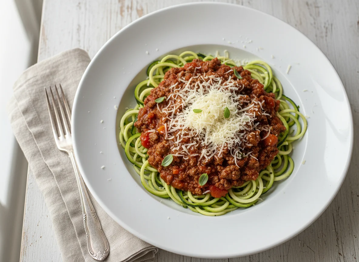 Zucchini-Nudeln mit Bolognese und Parmesan photo