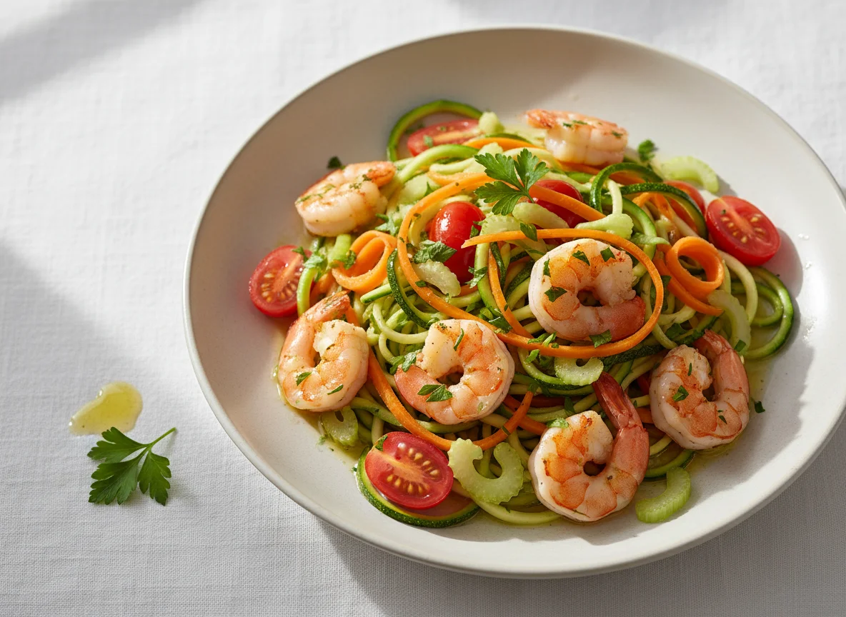 Zucchini-Nudeln mit Garnelen und Gemüse photo