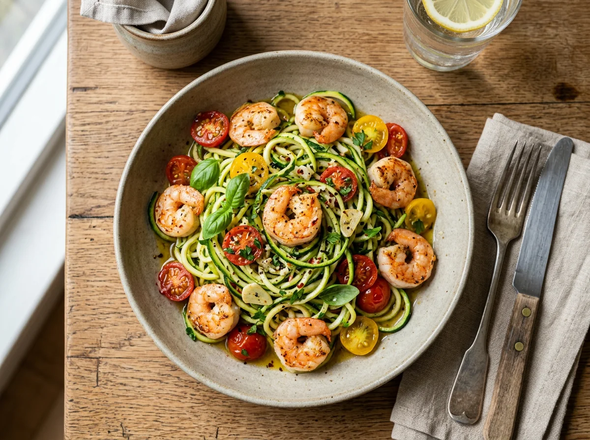 Zucchini-Nudeln mit Garnelen und Kirschtomaten photo