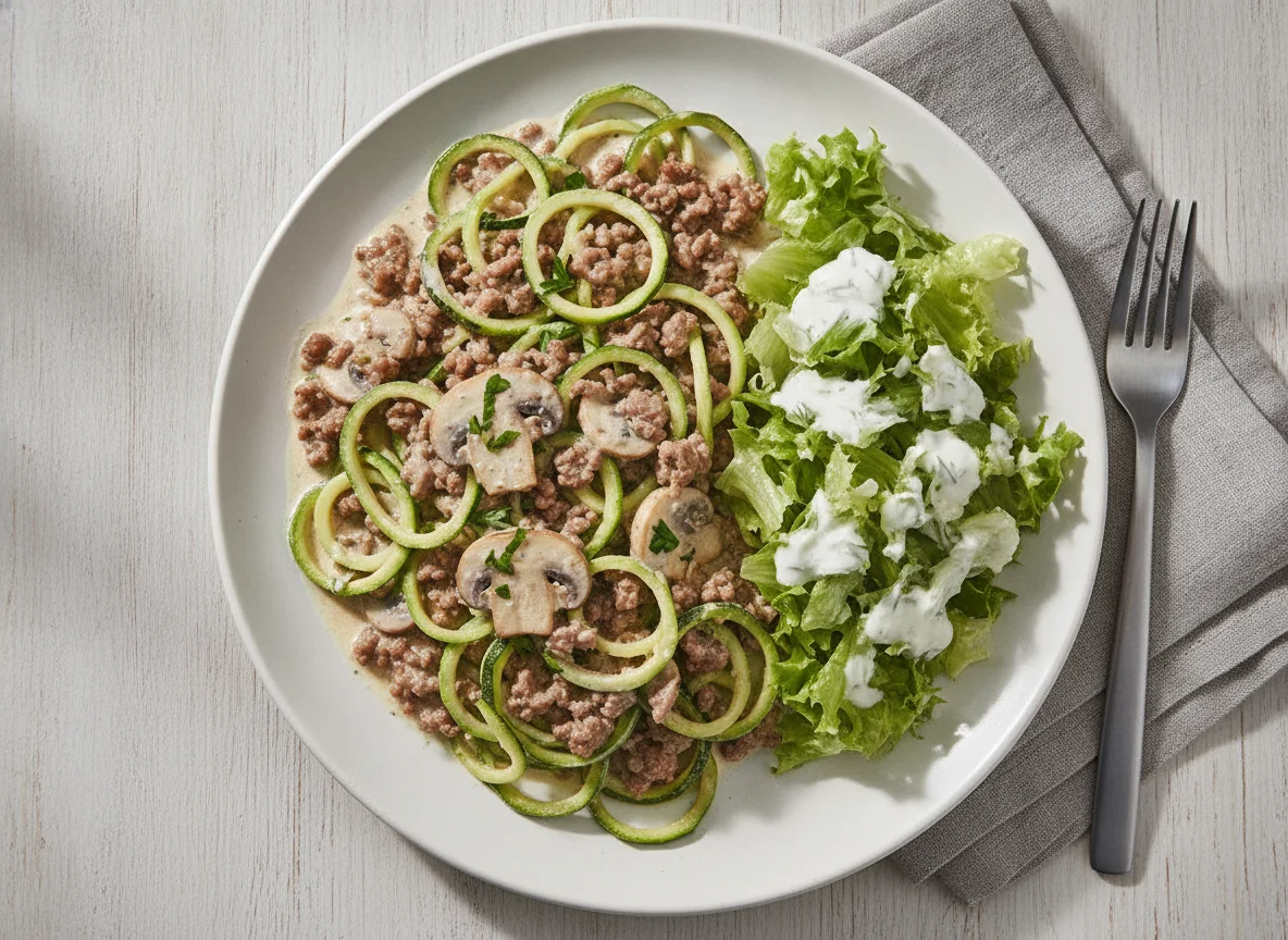 Zucchini-Nudeln mit Hackfleisch und Salat photo