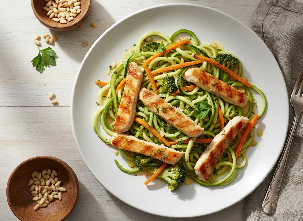 Zucchini-Nudeln mit Hähnchen und Gemüse photo