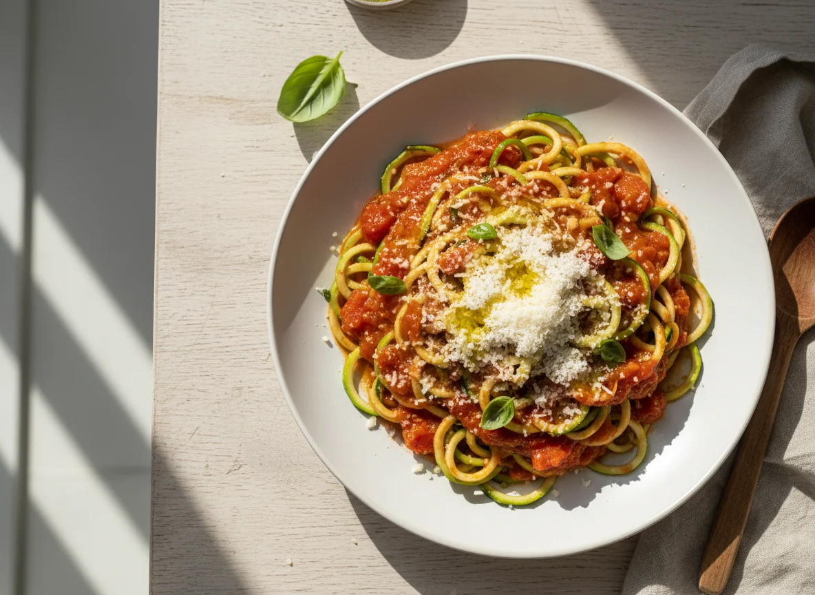 Zucchini-Nudeln mit Tomatensauce und Parmesan photo