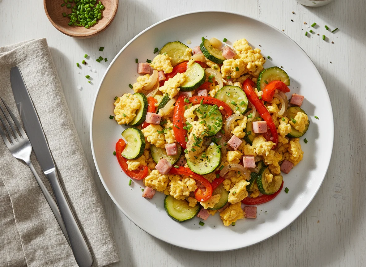 Zucchini-Rührei mit Schinken und Paprika photo