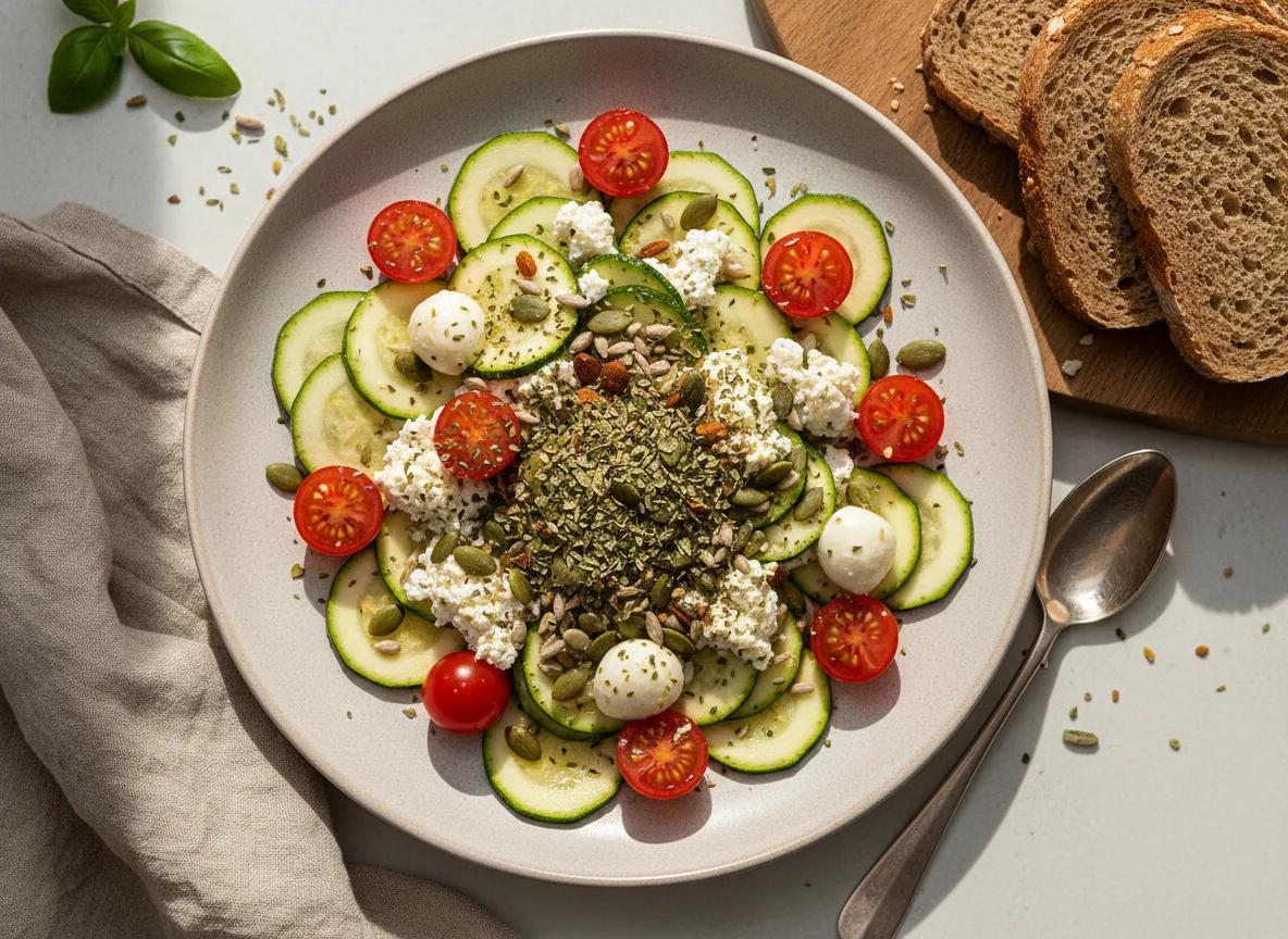 Zucchini-Tomaten-Salat mit Hüttenkäse und Kernen photo
