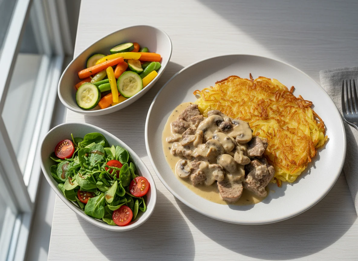 Zürcher Geschnetzeltes mit Rösti, Gemüse und Salat photo