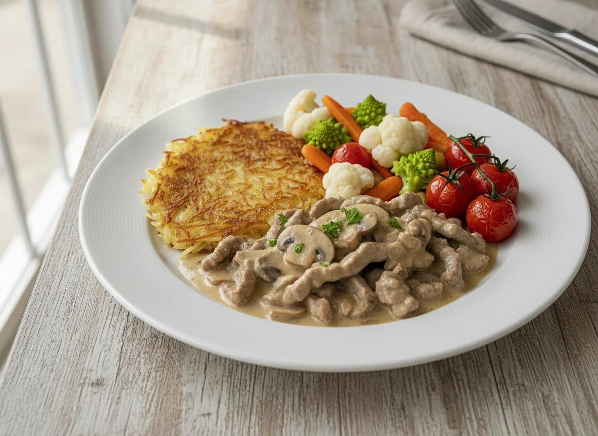 Zürcher Geschnetzeltes mit Rösti und Gemüse photo