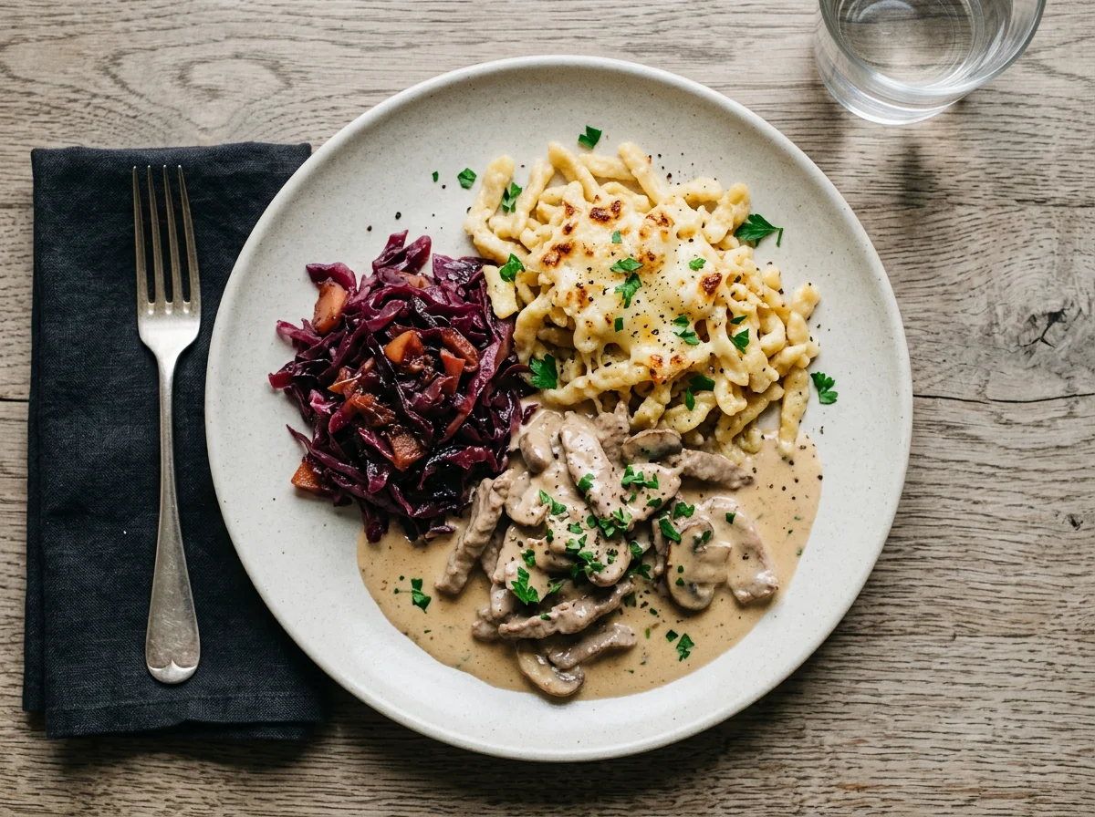Zürcher Geschnetzeltes mit Spätzli und Rotkraut photo