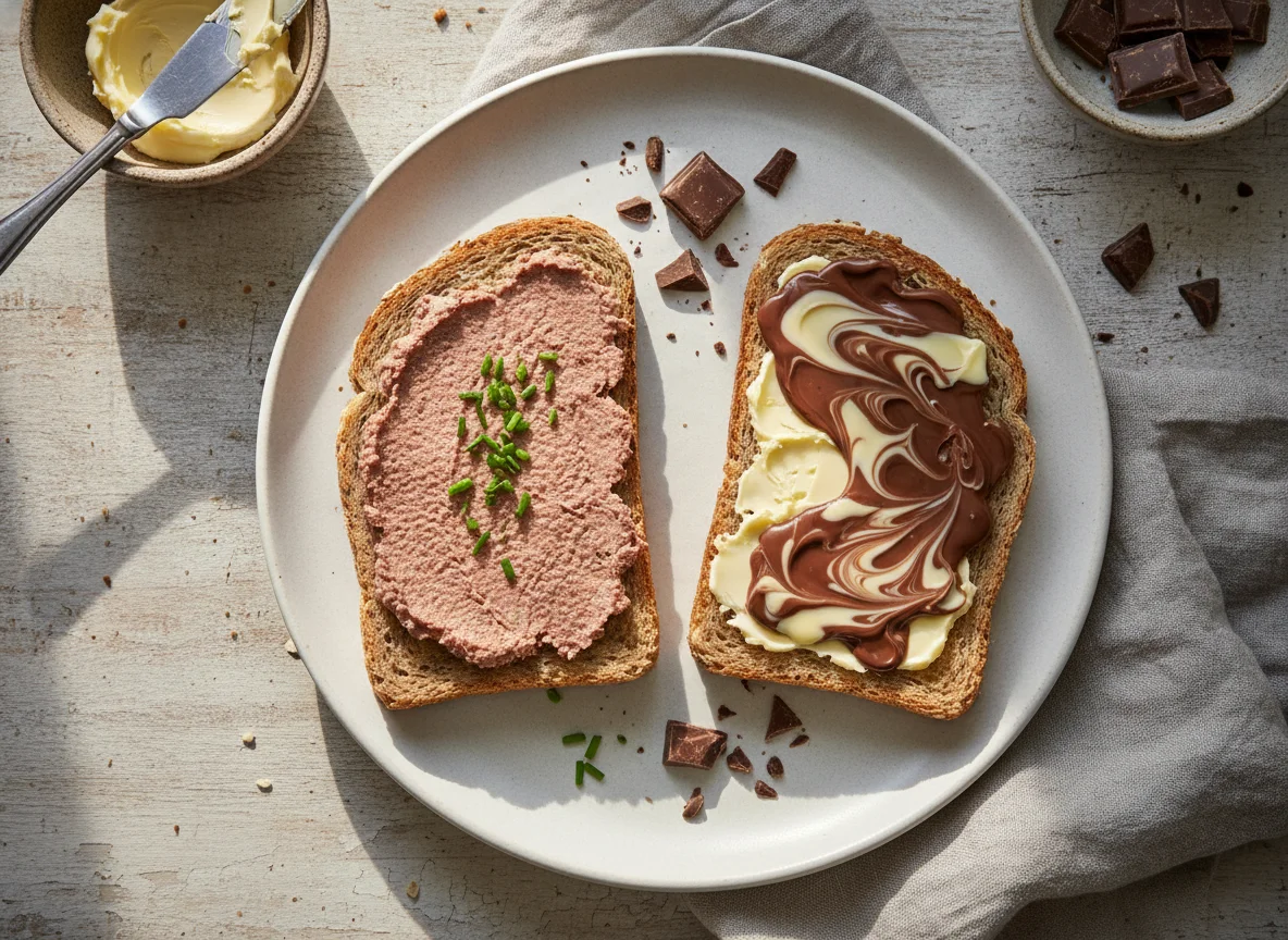 Zwei Brotscheiben mit Aufstrich und Schokolade photo