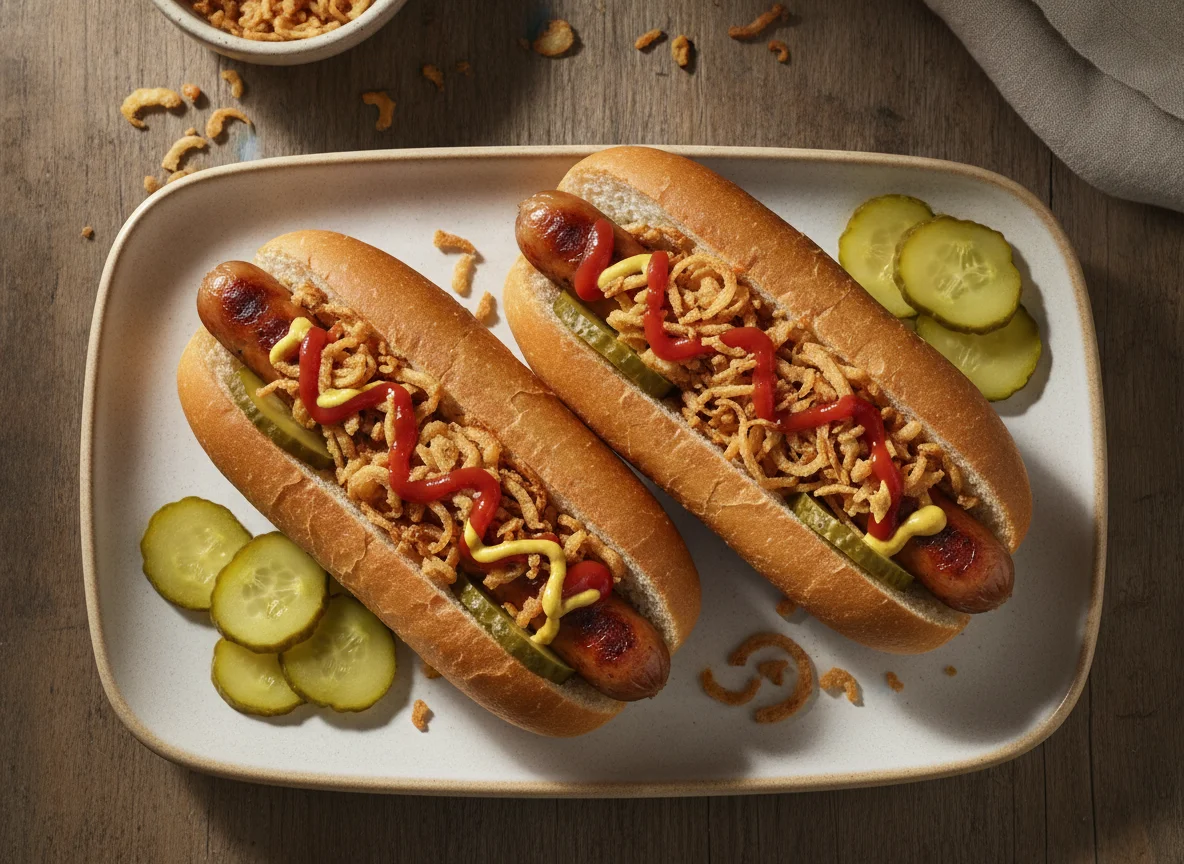 Zwei Hot Dogs mit Röstzwiebeln und Gewürzgurken photo