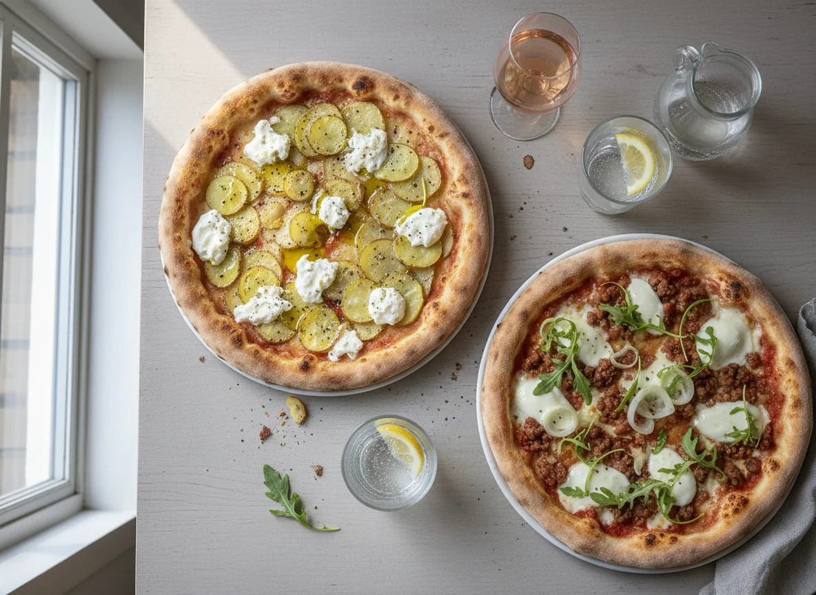 Zwei Pizzen mit Getränken photo