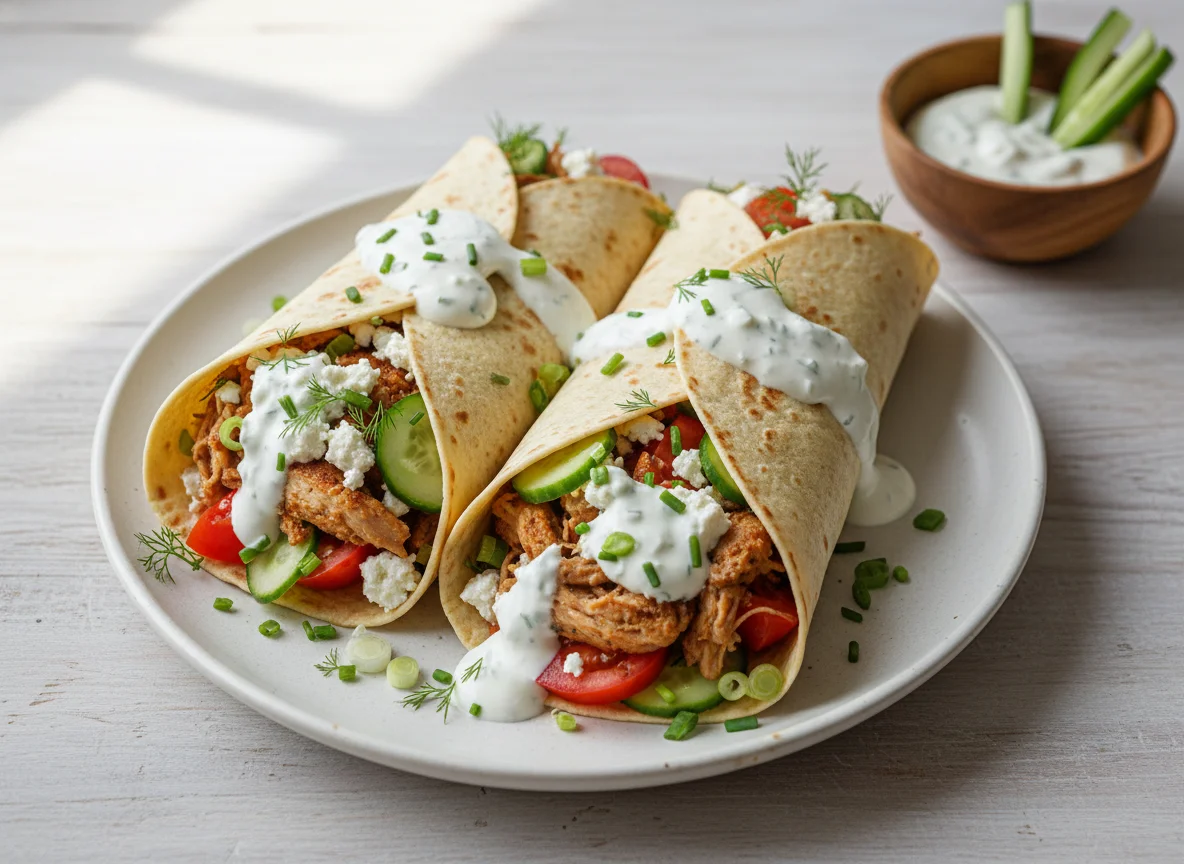 Zwei Wraps mit Hähnchen, Feta und Sauce photo