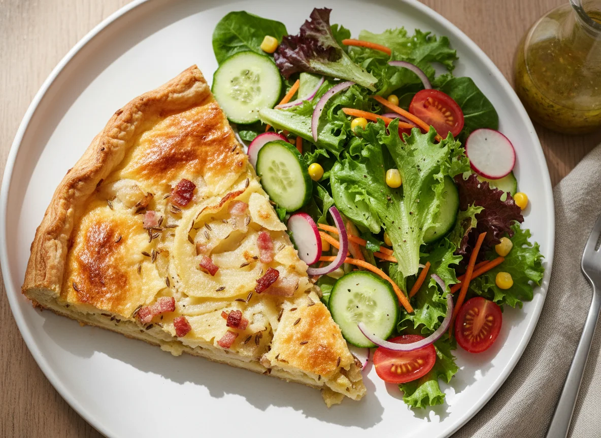 Zwiebelkuchen mit gemischtem Salat photo