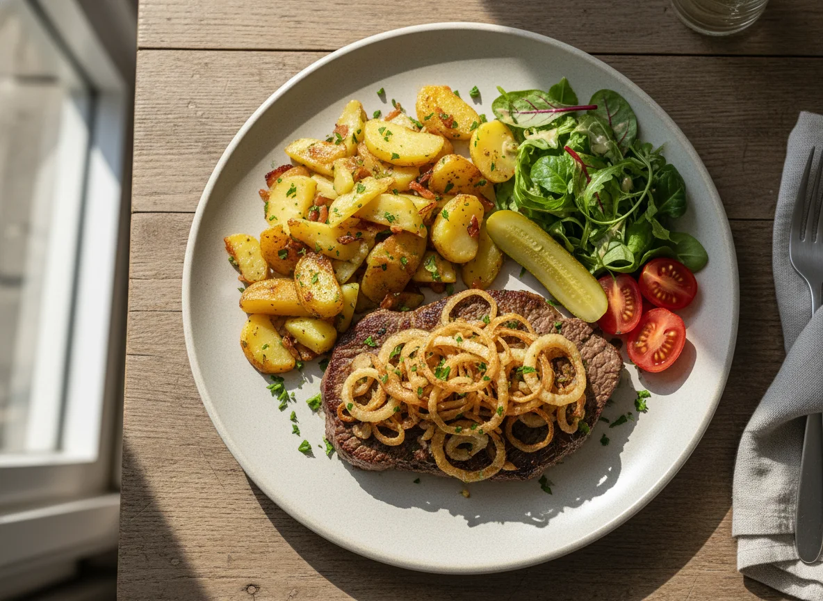 Zwiebelrostbraten mit Bratkartoffeln und Beilagen photo