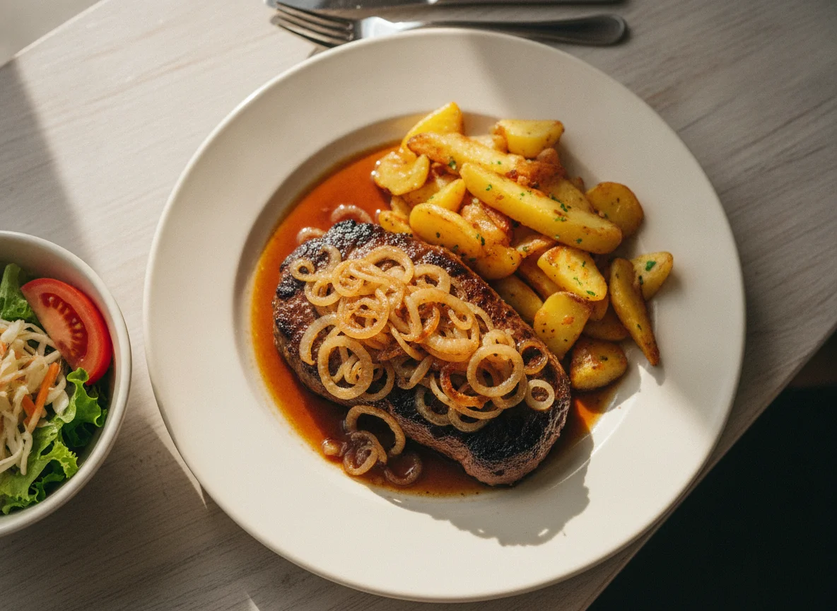 Zwiebelrostbraten mit Bratkartoffeln und Beilagensalat photo