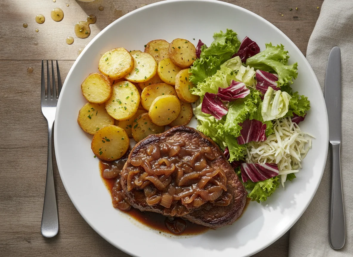 Zwiebelrostbraten mit Bratkartoffeln und gemischtem Salat photo