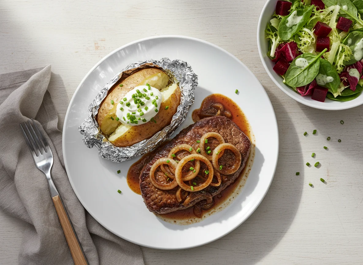 Zwiebelrostbraten mit Folienkartoffel und Salat photo
