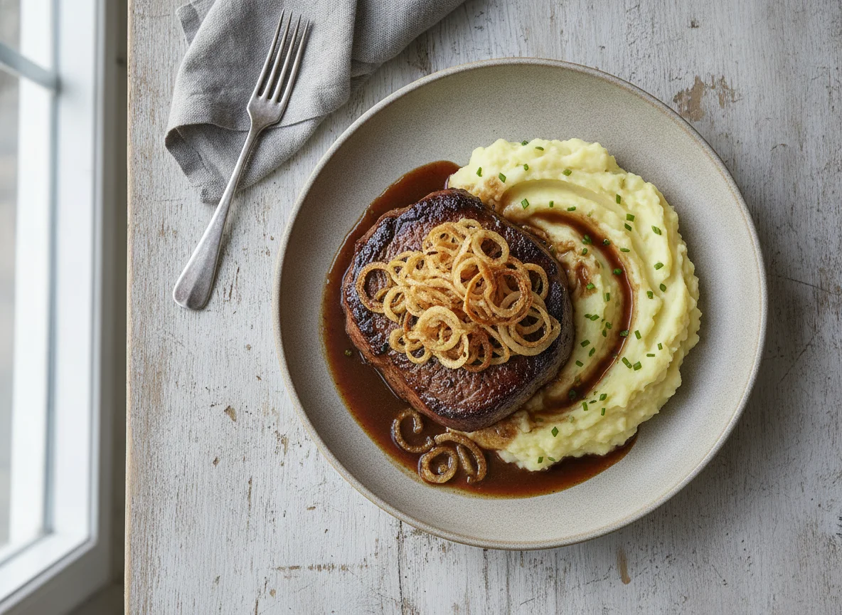 Zwiebelrostbraten mit Kartoffelstampf photo