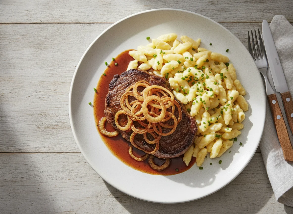 Zwiebelrostbraten mit Käsespätzle photo