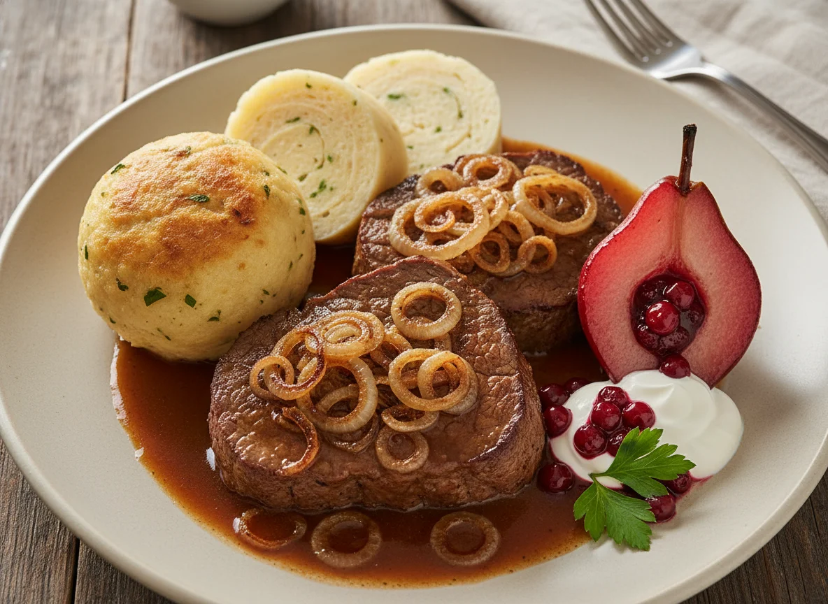 Zwiebelrostbraten mit Knödeln und Preiselbeerbirne photo