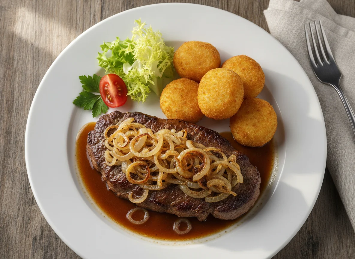 Zwiebelrostbraten mit Kroketten photo
