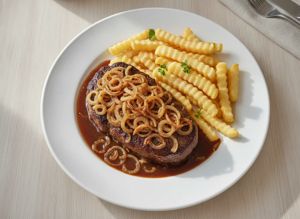 Zwiebelrostbraten mit Pommes Frites photo