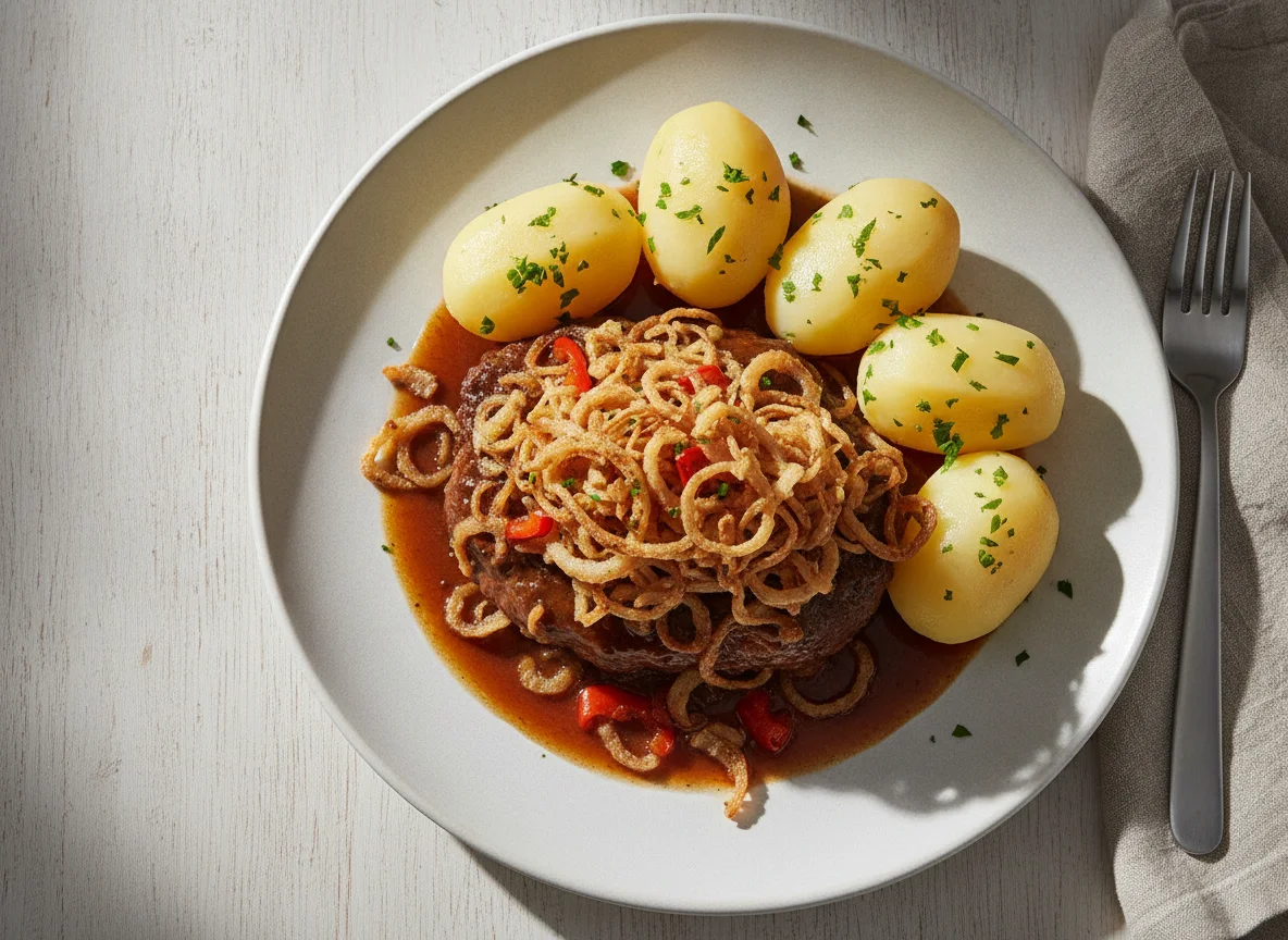 Zwiebelrostbraten mit Salzkartoffeln photo