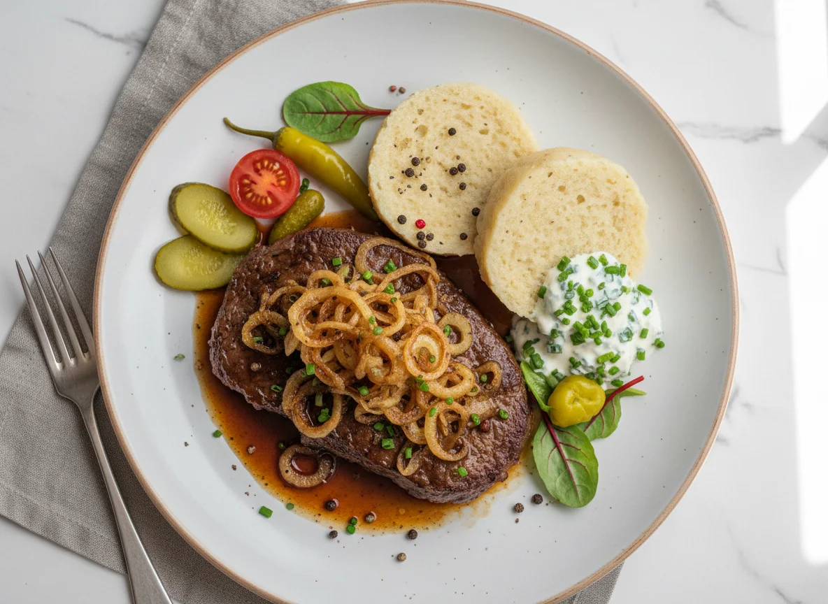 Zwiebelrostbraten mit Semmelknödel photo
