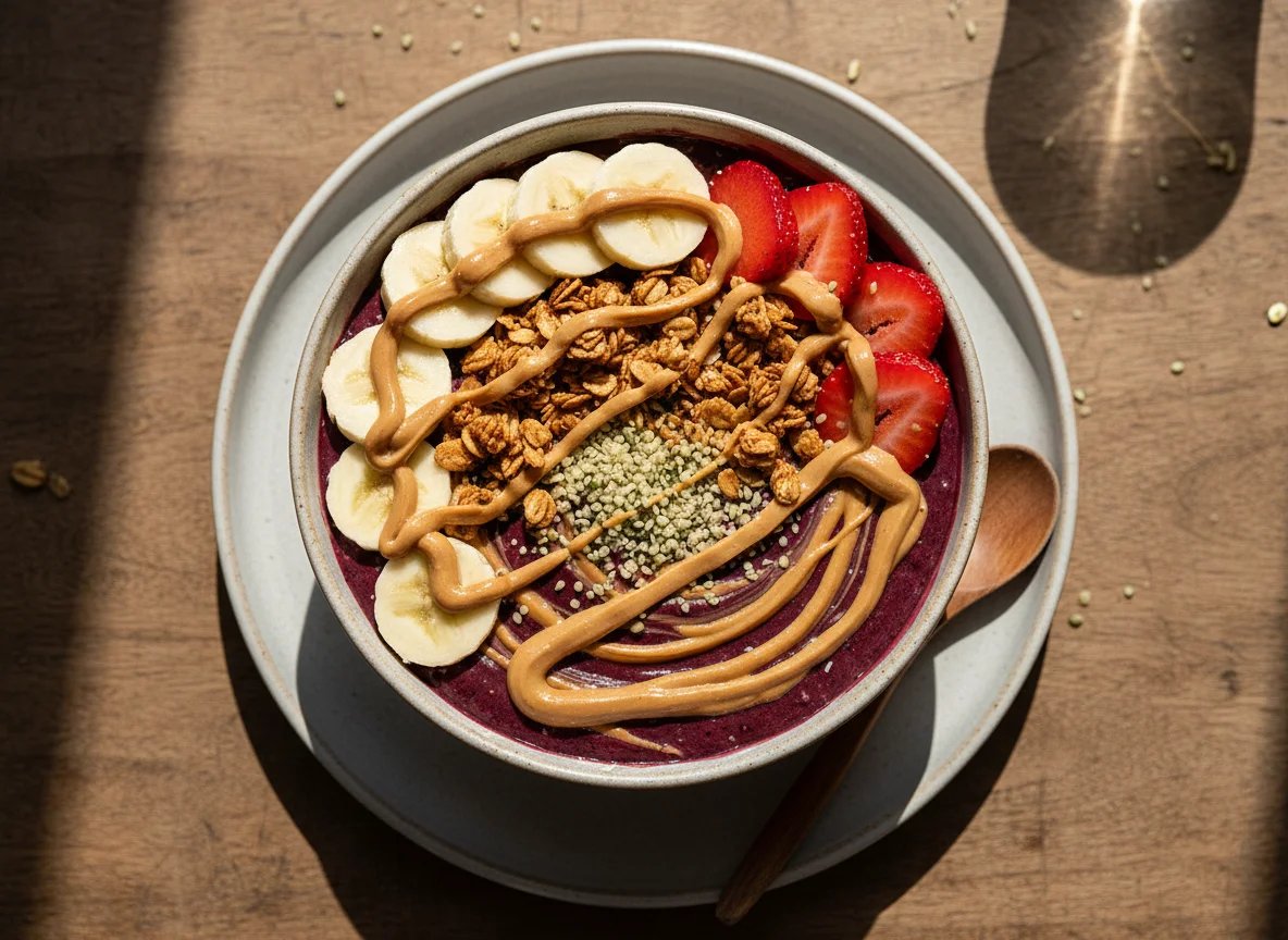 Acai Bowl with Peanut Butter and Fruit photo