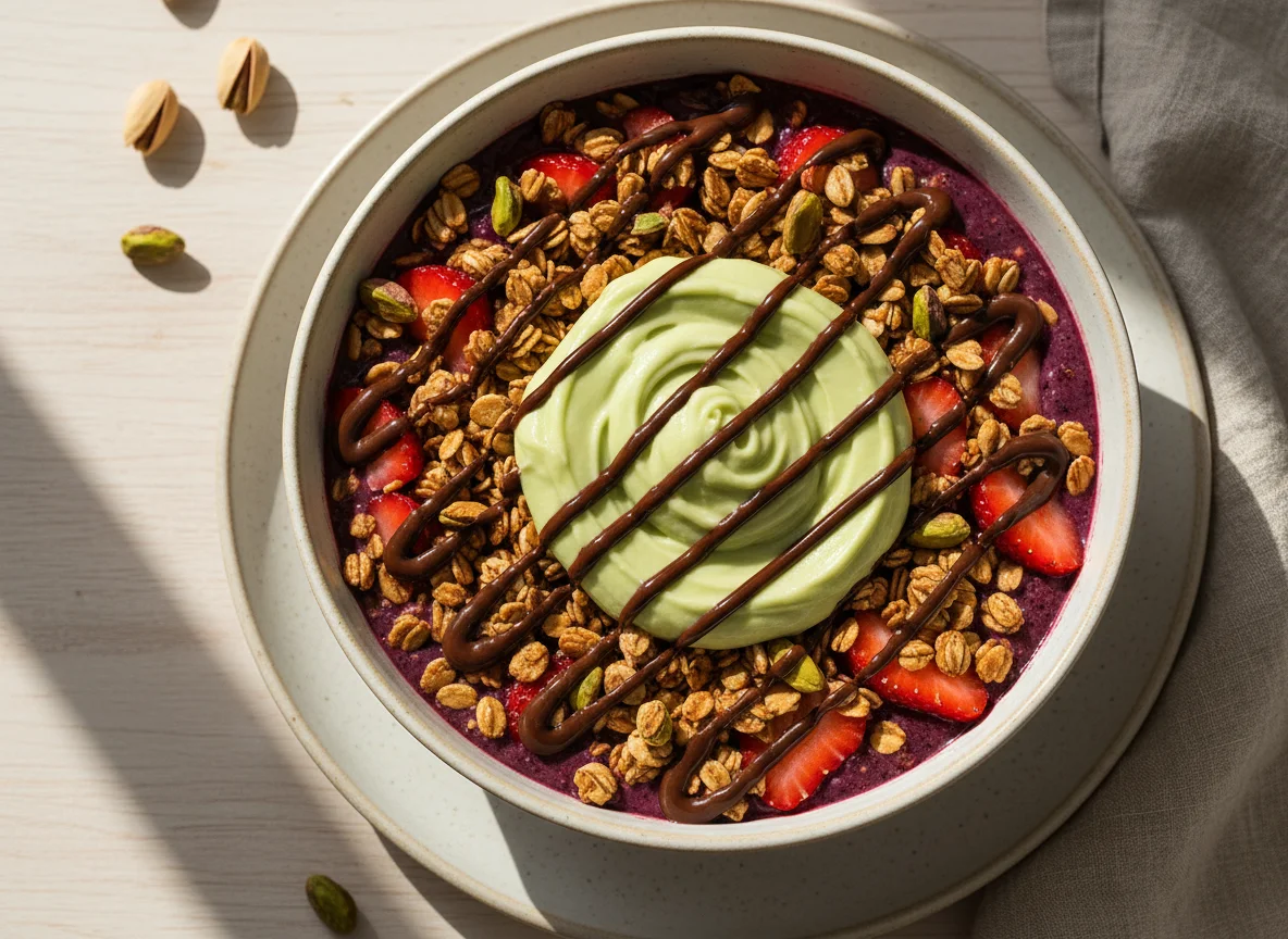 Açaí Bowl with Pistachios, Strawberries, and Chocolate Drizzle photo